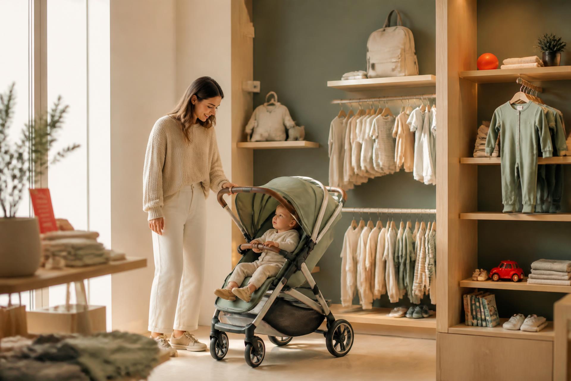 Interno del negozio La Coccinella a Racale con abbigliamento per bambini e passeggini